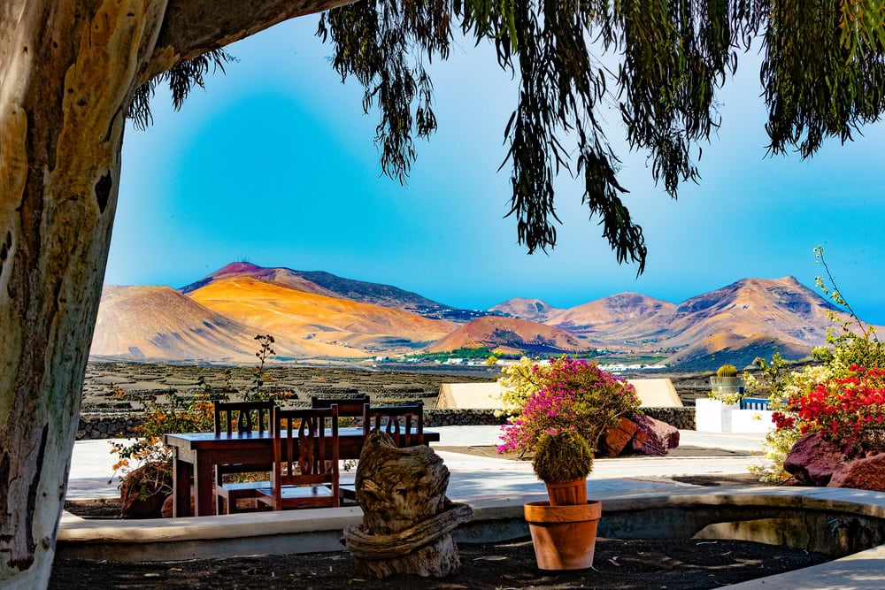 Scenic landscape with volcanic vineyards. Lanzarote. Canary Islands. Spain