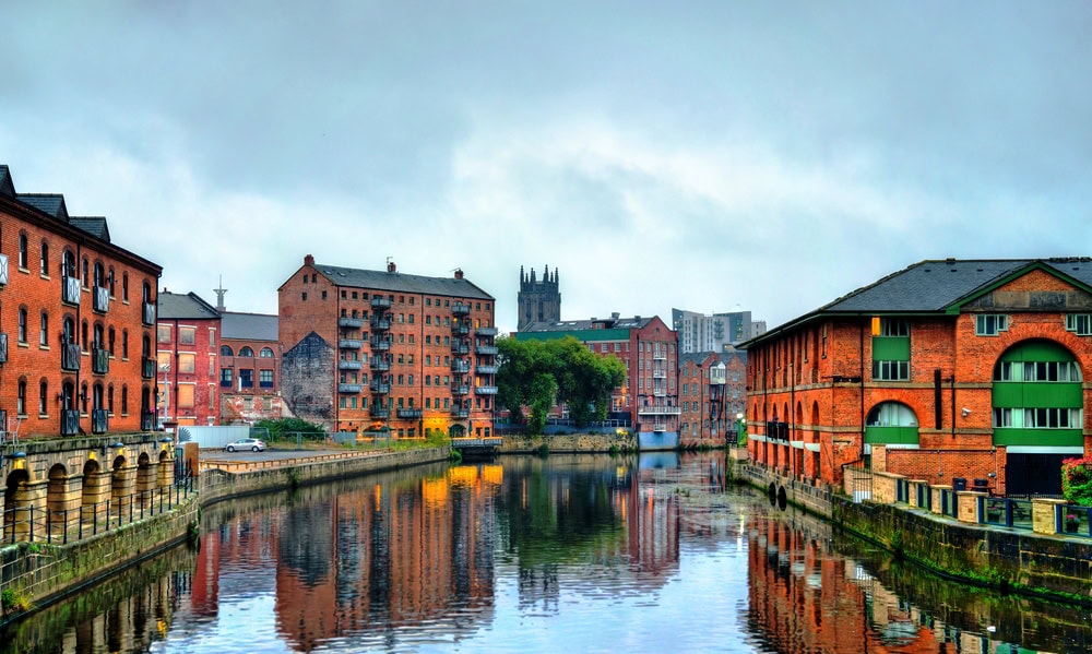 View of Leeds with the Aire River in West Yorkshire, England