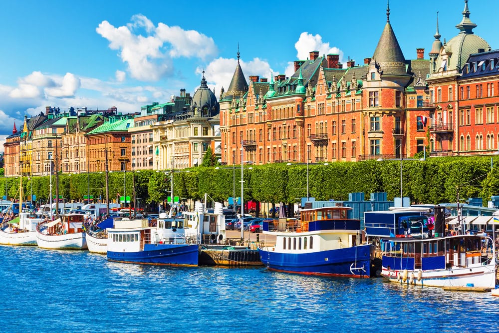 Scenic summer panorama of the Old Town (Gamla Stan) pier architecture in Stockholm, Sweden