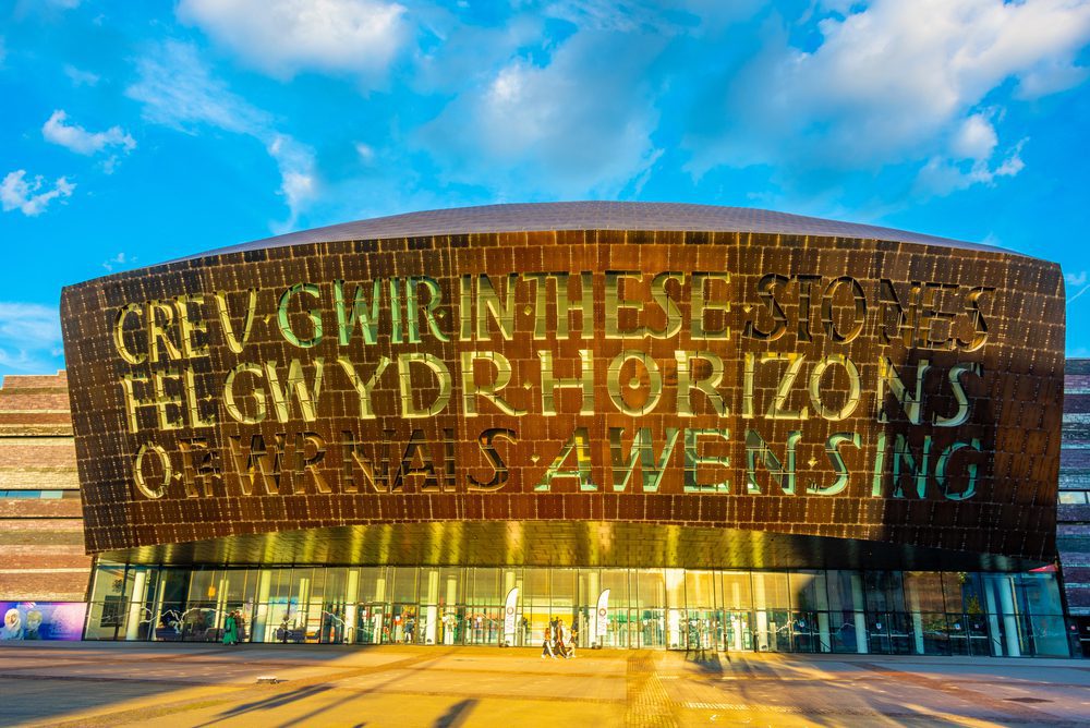 Sunset view of Wales Millennium Centre at Welsh capital Cardiff.