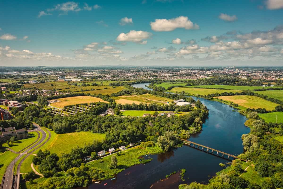A beautiful aerial view of the River Shannon and surrounding landscapes in Limerick, Ireland.