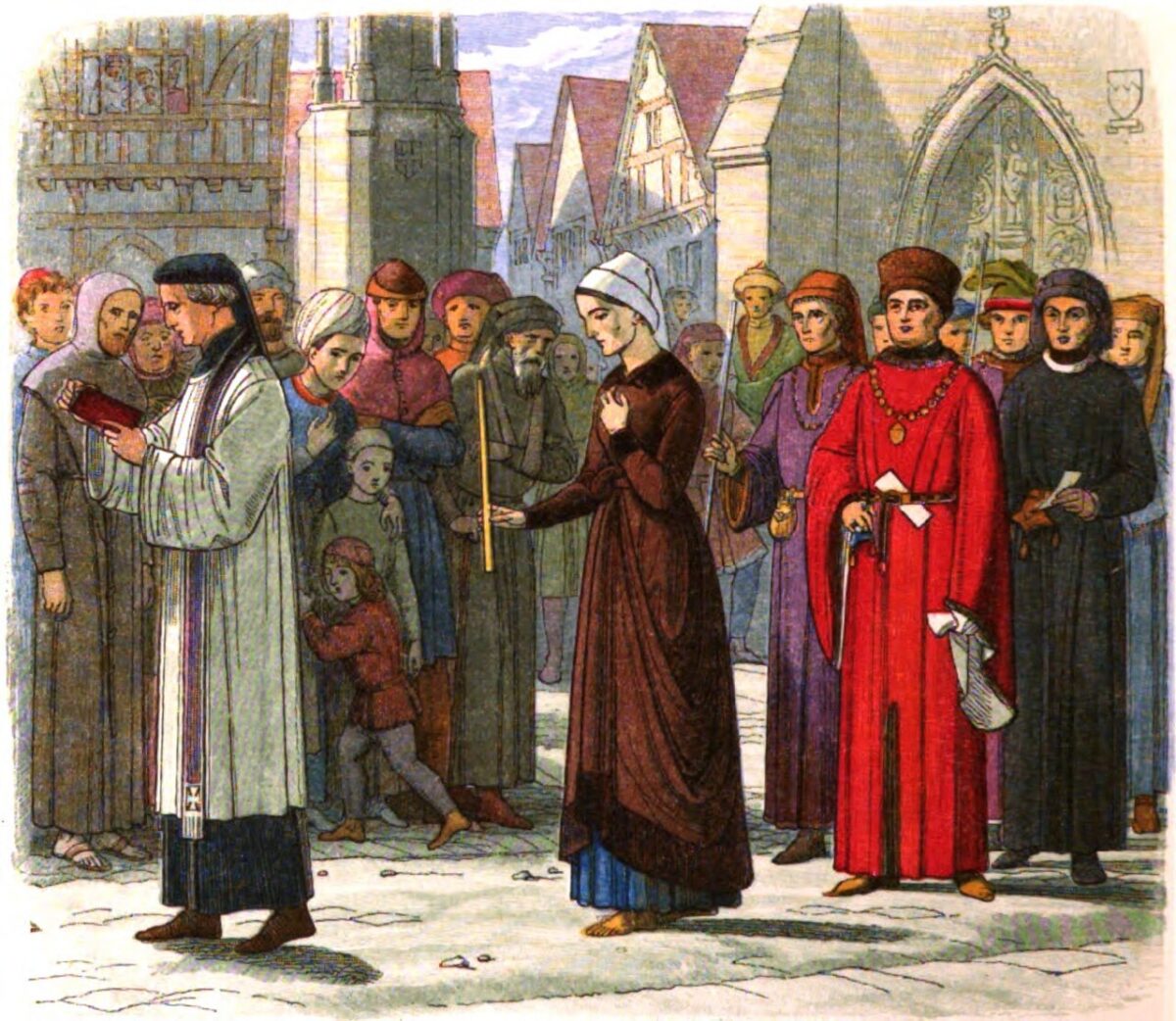A group of people in medieval-style clothing gather in a town square as a woman in a dark dress holds a wooden rod.