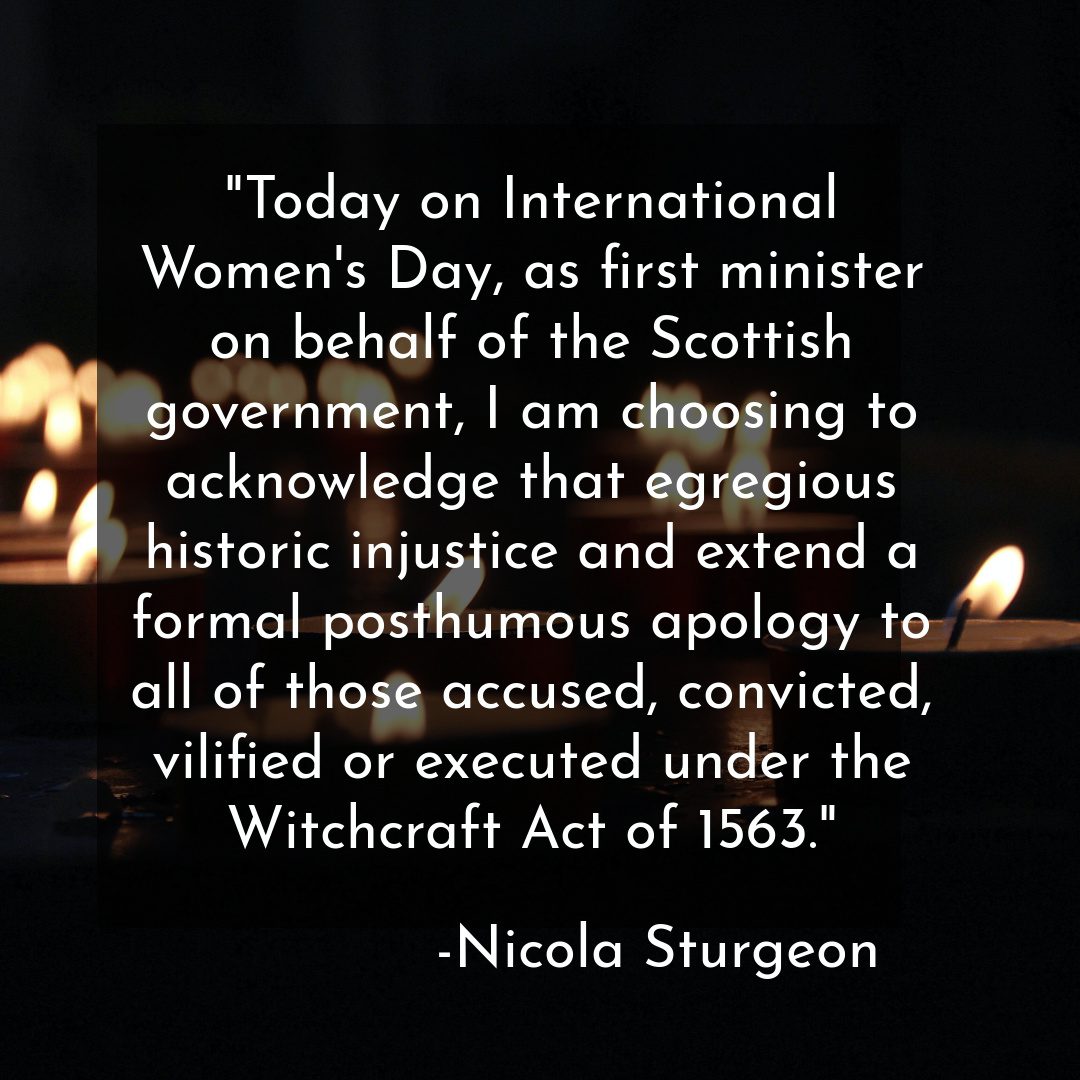 Text about a formal apology for the Witchcraft Act of 1563 is overlaid on a background of glowing candles.