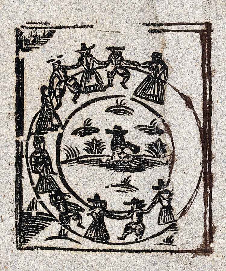 A black-and-white woodcut shows a circle of people holding hands around a central figure playing a musical instrument.
