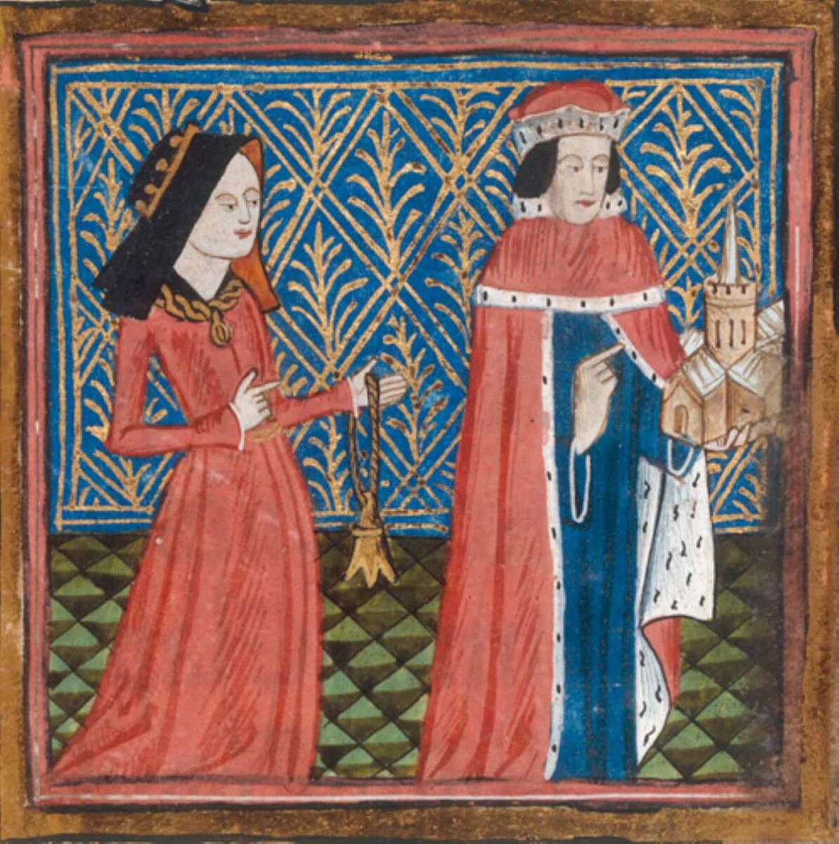 A medieval manuscript illustration depicts a woman in a red dress and a man in royal robes holding a model of a building.