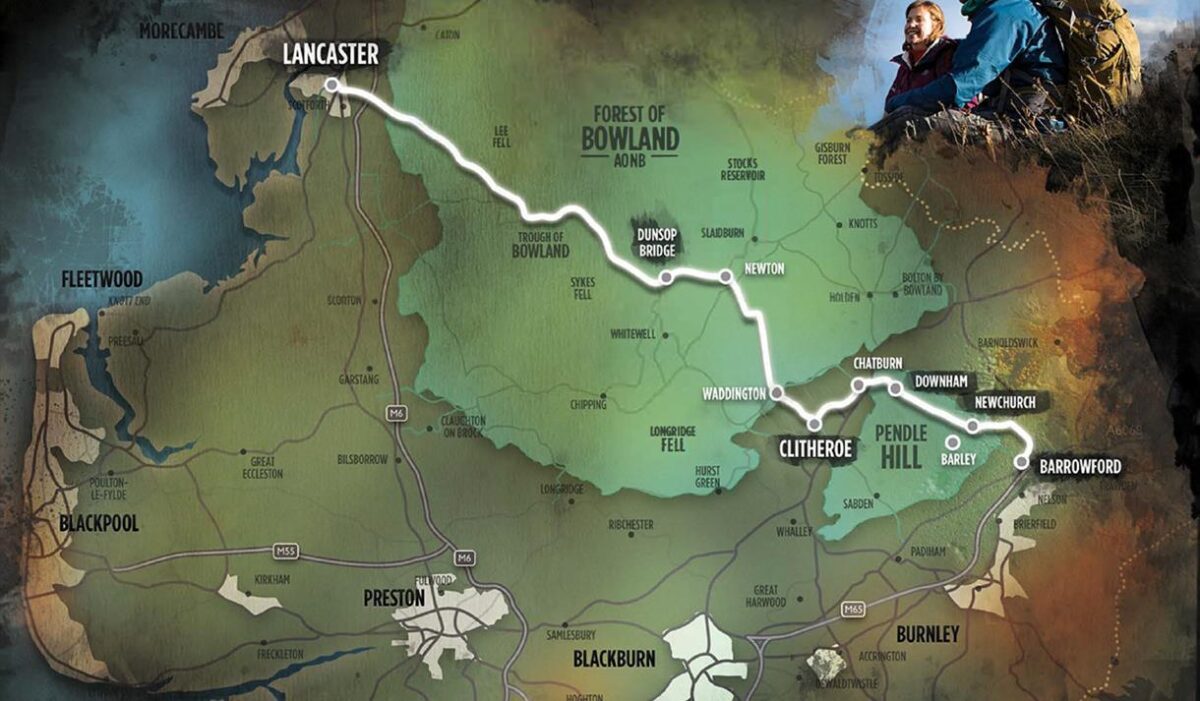 A map of the Forest of Bowland area features a highlighted route connecting Lancaster to Barrowford.