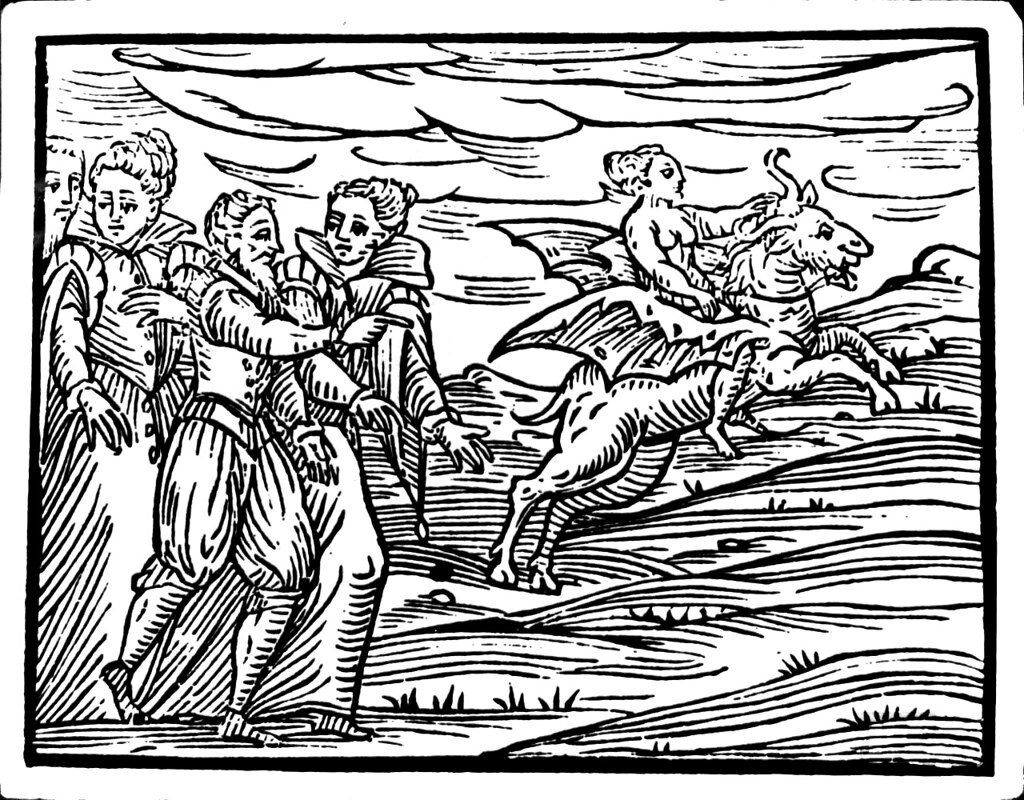 A black and white woodcut shows four people watching a figure ride a winged, horned creature across a landscape.