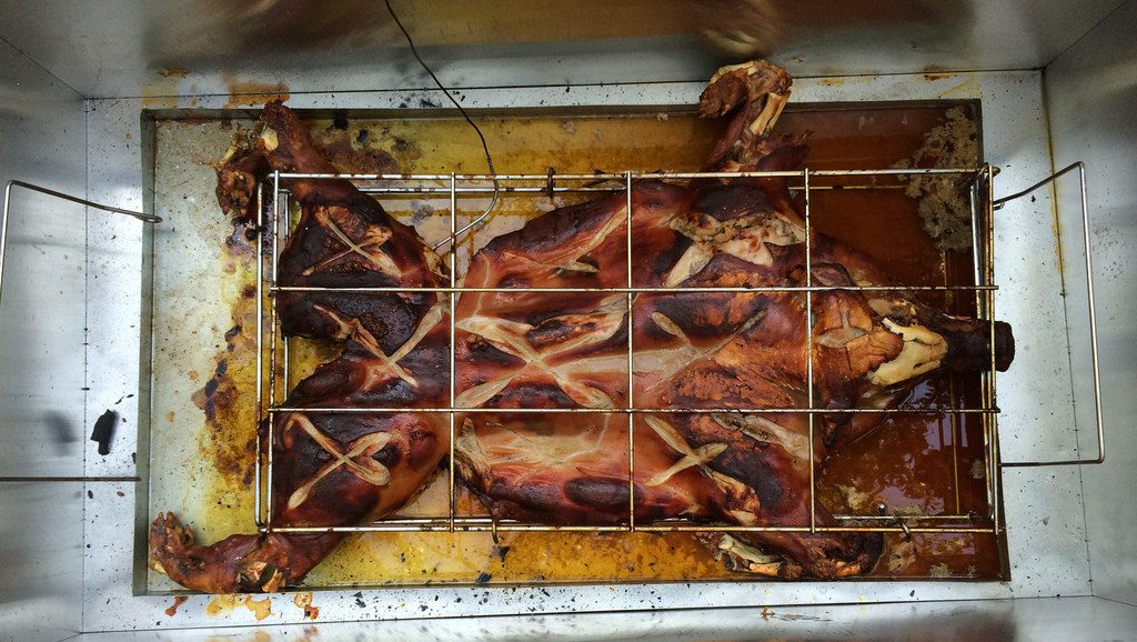 A whole roasted pig is secured in a metal rack inside a rectangular metal roasting pan.