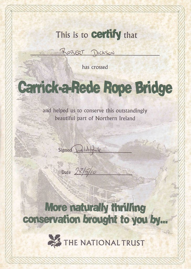 Certificate of crossing the Carrick-A-Rede Rope Bridge