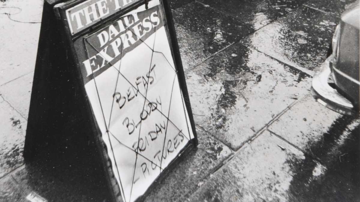 Bloody Friday newspaper coverage billboard in Derry