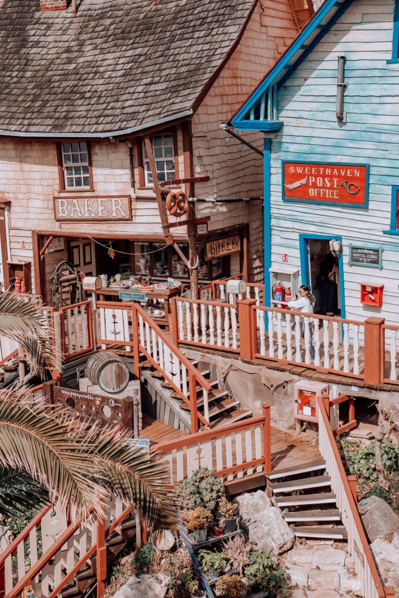 Popeyes village in Malta several wooden houses going crookeldy up some stairs