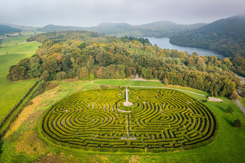 Castlewellan Peace Maze aerial view showing hedge maze in County Down Northern Ireland