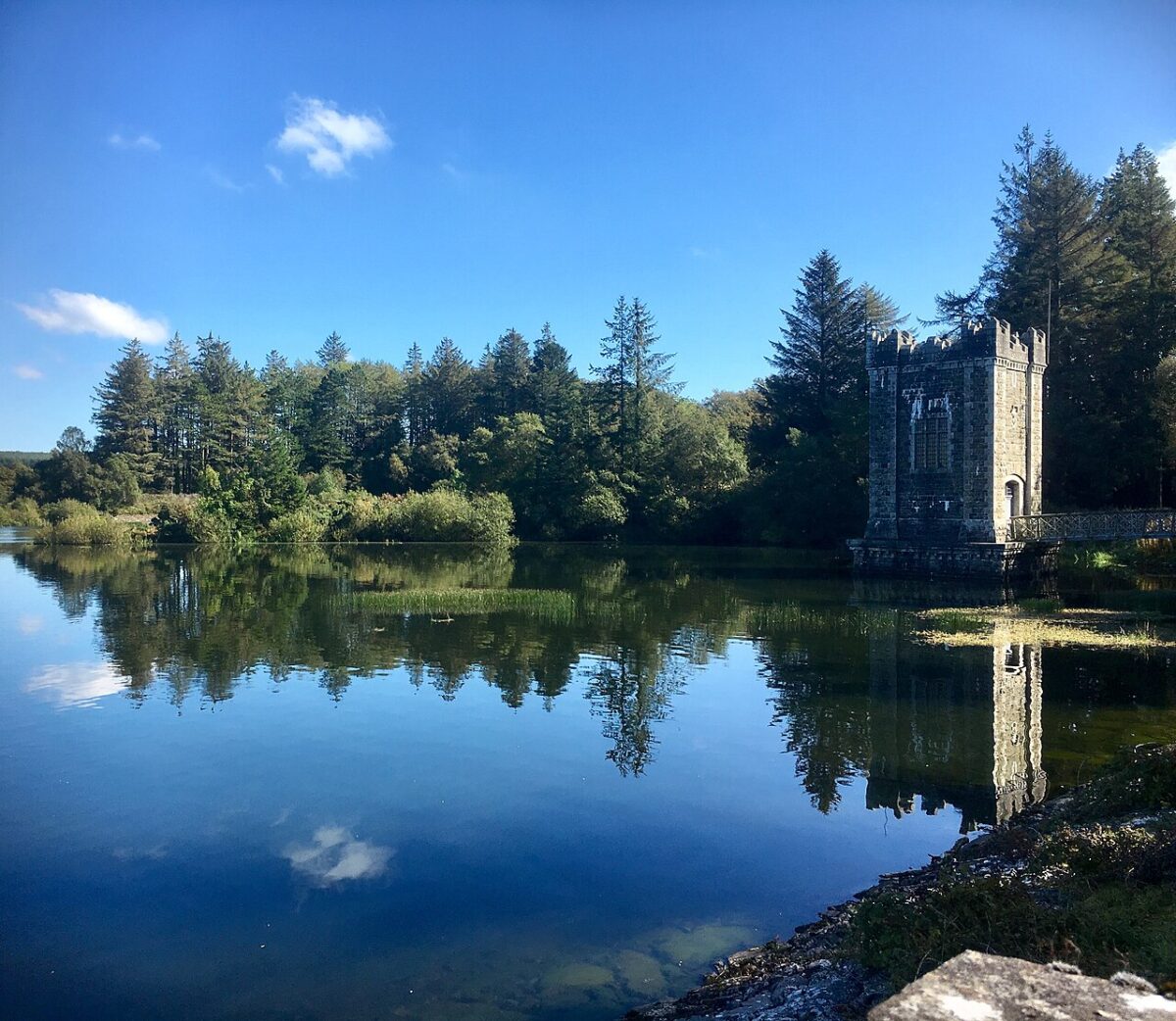 A stone tower stands in a calm lake, reflecting in the water against a backdrop of dense forest under a blue sky.