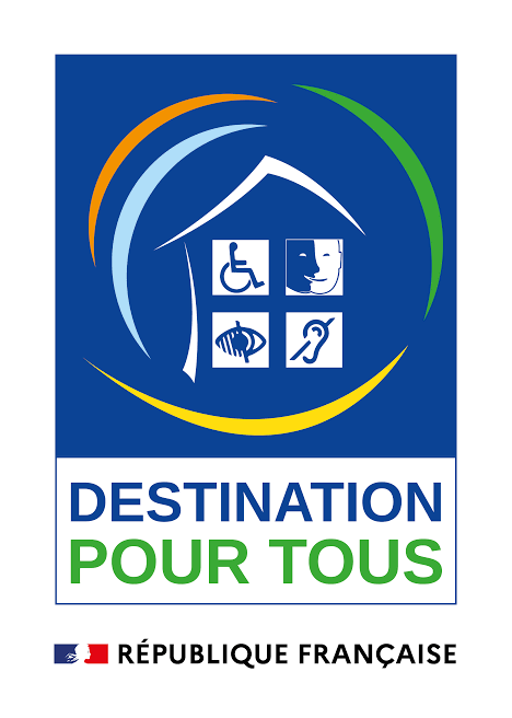 Logo for Frances Destination Pour Tous initiative, featuring accessibility symbols within a house shape.