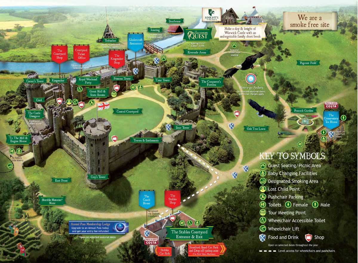 An illustrated map of a castle grounds showing various buildings, gardens, and a key for visitor facilities.