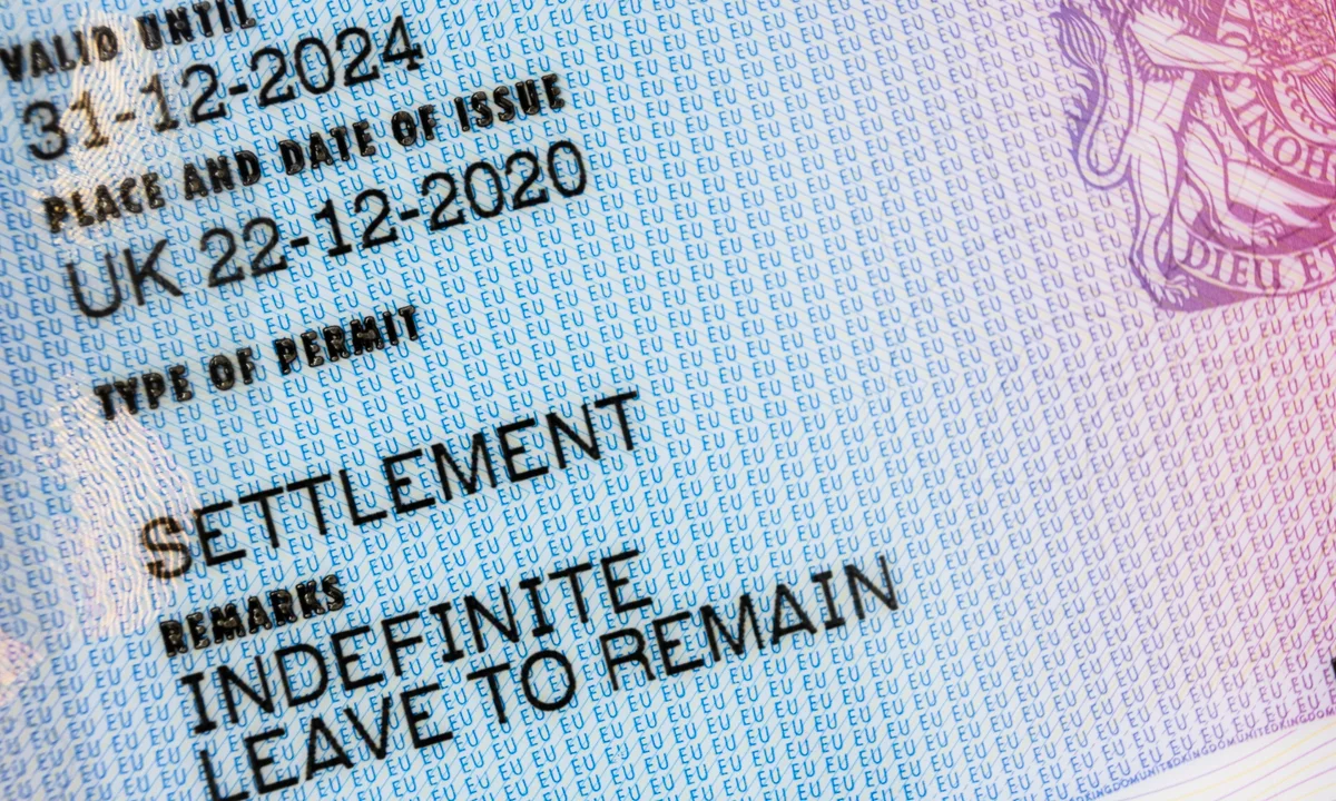 A close-up of a document with the text SETTLEMENT and INDEFINITE LEAVE TO REMAIN printed over a repeating EU pattern.