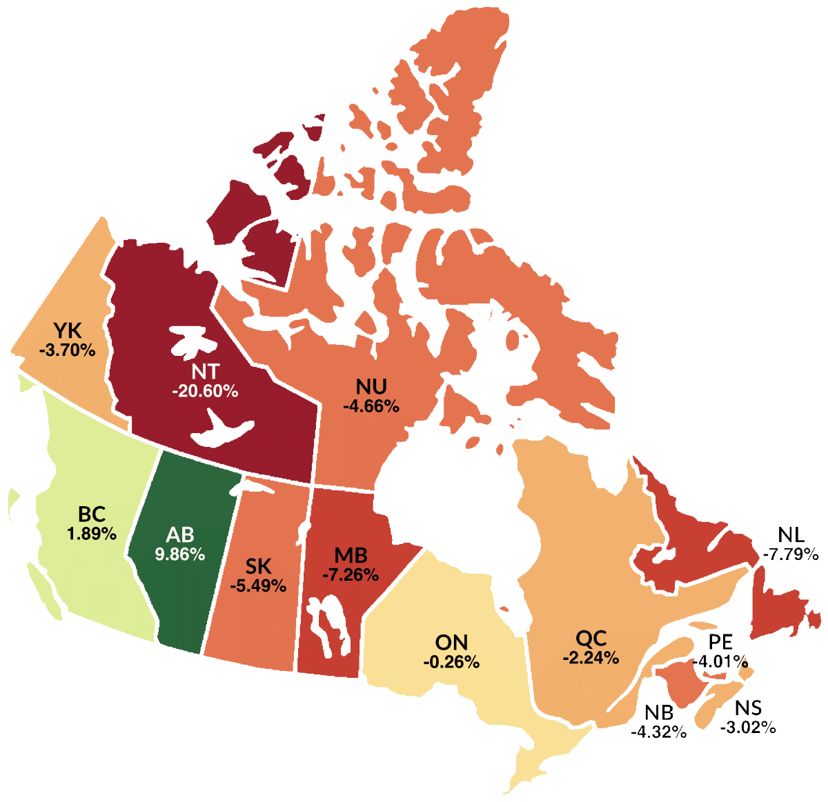 A map of Canada color-coded by region, displaying percentage values for each province and territory.