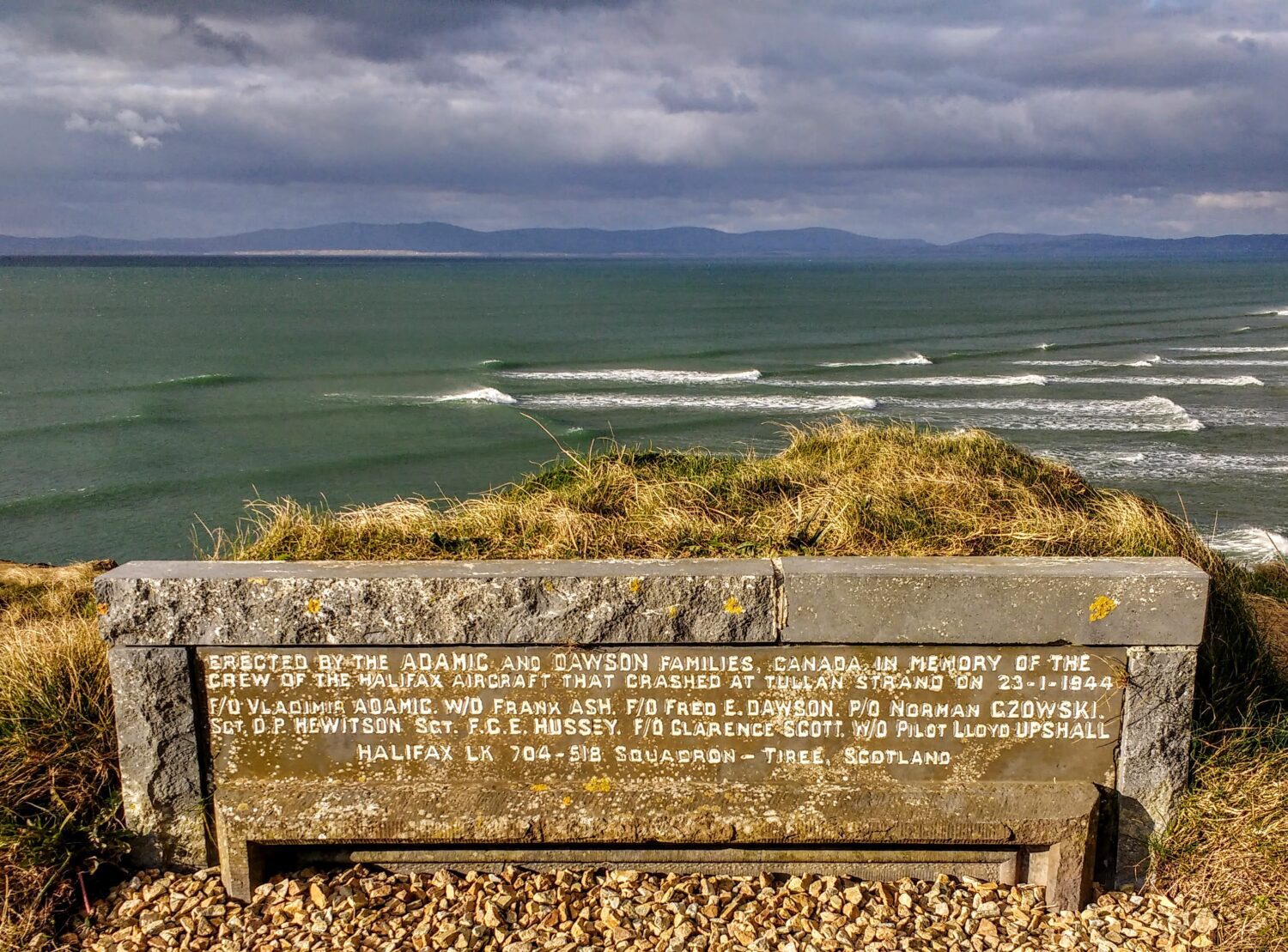 The memorial sign with the names of the men who died at Tullan Strand