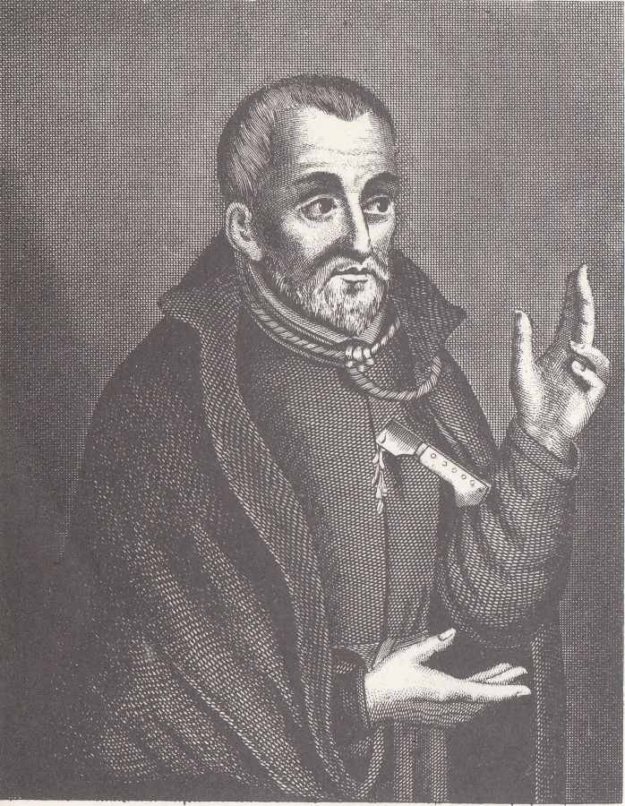 A black-and-white engraving of a bearded man in a robe with a rope around his neck and a knife embedded in his chest.