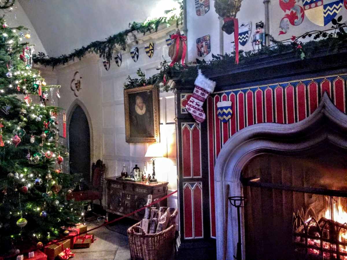 A decorated Christmas tree stands beside a fireplace with a lit fire, a hanging stocking, and festive greenery.