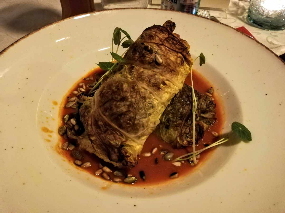 A stuffed cabbage roll sits in a shallow pool of red sauce with scattered seeds and small green sprouts on a white plate.
