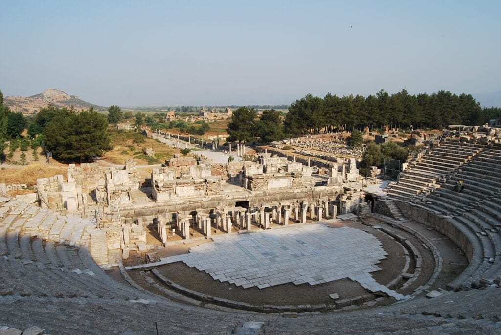 The most magnificent building at Ephesus is the Great Theatre. First built in the Hellenistic period which was the 3rd century BC. It was enlarged by the Romans and those are the ruins you see today.  This theatre could seat over 25,000 people. There are three sections of seats during excavations marble pieces were found that were used as the backs of some seats reserved for the important folks and of course the Emperor's Box.  In the lower section, Marble pieces, used for restoration, and the Emperor's Box were found. The seats with backs, made of marble, were reserved for important people. 