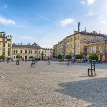 Krakow, Poland June 5, 2018: Memorial to Jews from the Krakow Ghetto on their deportation site on the Ghetto Heroes Square in Podgorze district . Each steel chair represents 1,000 victims.